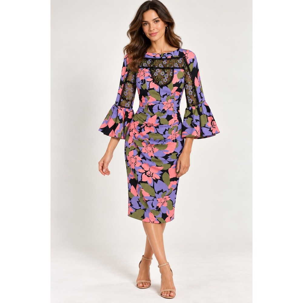 Tracy Reese Sheath Dress Women 4 Pink Floral Lace Bell Sleeve Ruched Romantic